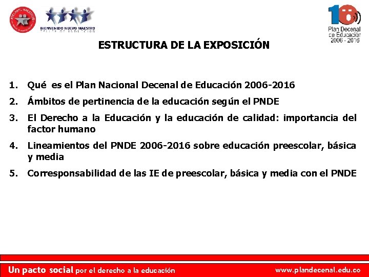 ESTRUCTURA DE LA EXPOSICIÓN 1. Qué es el Plan Nacional Decenal de Educación 2006