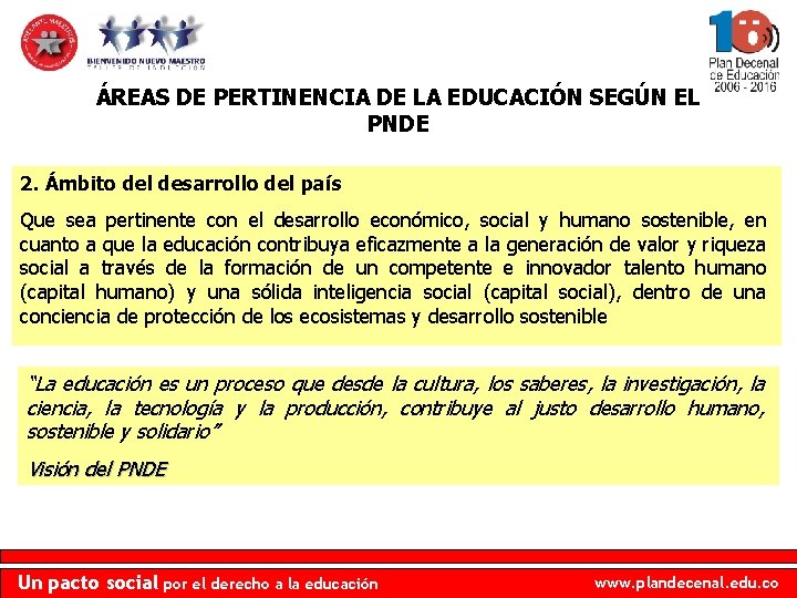 ÁREAS DE PERTINENCIA DE LA EDUCACIÓN SEGÚN EL PNDE 2. Ámbito del desarrollo del