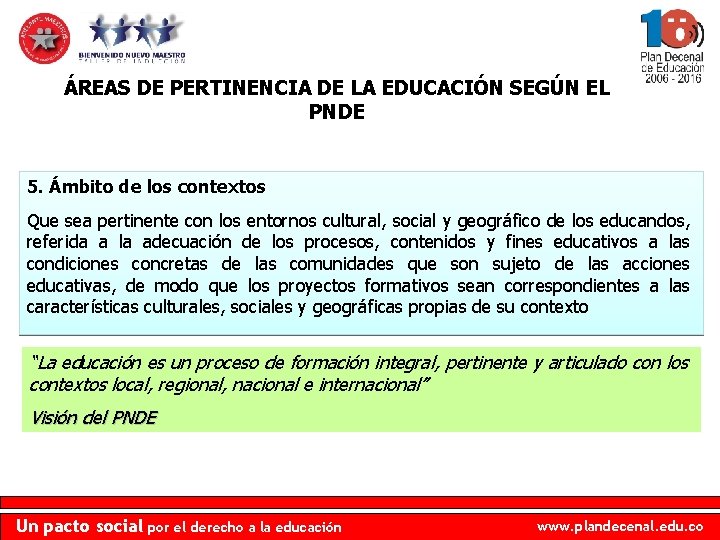 ÁREAS DE PERTINENCIA DE LA EDUCACIÓN SEGÚN EL PNDE 5. Ámbito de los contextos