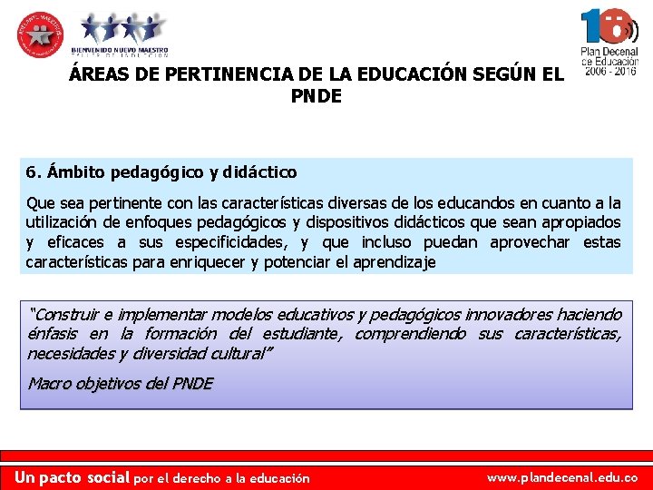 ÁREAS DE PERTINENCIA DE LA EDUCACIÓN SEGÚN EL PNDE 6. Ámbito pedagógico y didáctico