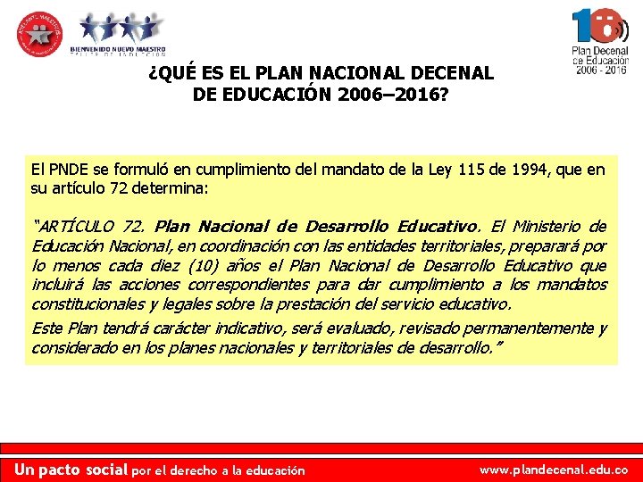 ¿QUÉ ES EL PLAN NACIONAL DECENAL DE EDUCACIÓN 2006– 2016? El PNDE se formuló