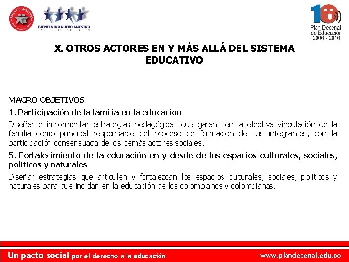 X. OTROS ACTORES EN Y MÁS ALLÁ DEL SISTEMA EDUCATIVO MACRO OBJETIVOS 1. Participación