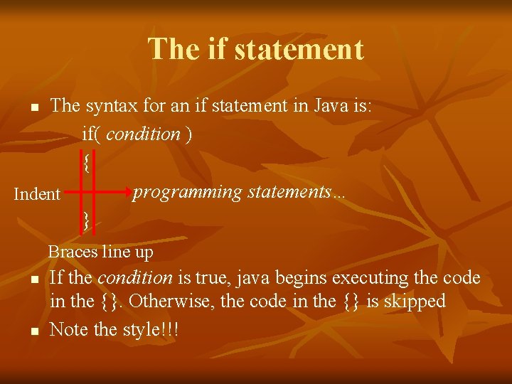 The if statement The syntax for an if statement in Java is: if( condition