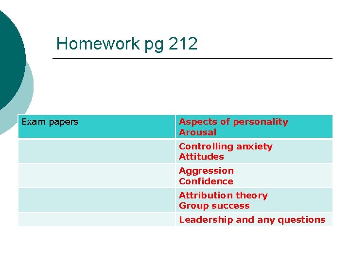 Homework pg 212 Exam papers Aspects of personality Arousal Controlling anxiety Attitudes Aggression Confidence