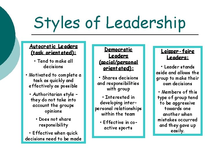Styles of Leadership Autocratic Leaders (task orientated): • Tend to make all decisions •