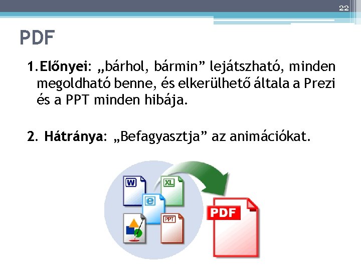 22 PDF 1. Előnyei: „bárhol, bármin” lejátszható, minden megoldható benne, és elkerülhető általa a