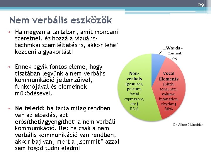 29 Nem verbális eszközök • Ha megvan a tartalom, amit mondani szeretnél, és hozzá