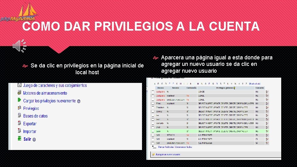 COMO DAR PRIVILEGIOS A LA CUENTA Se da clic en privilegios en la página COMO DAR PRIVILEGIOS A LA CUENTA Se da clic en privilegios en la página