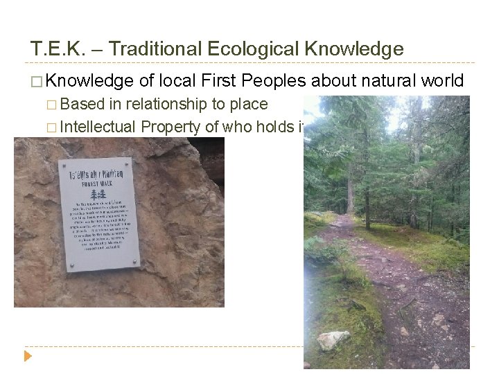 T. E. K. – Traditional Ecological Knowledge � Knowledge of local First Peoples about
