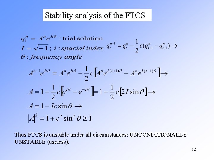 Stability analysis of the FTCS Thus FTCS is unstable under all circumstances: UNCONDITIONALLY UNSTABLE Stability analysis of the FTCS Thus FTCS is unstable under all circumstances: UNCONDITIONALLY UNSTABLE