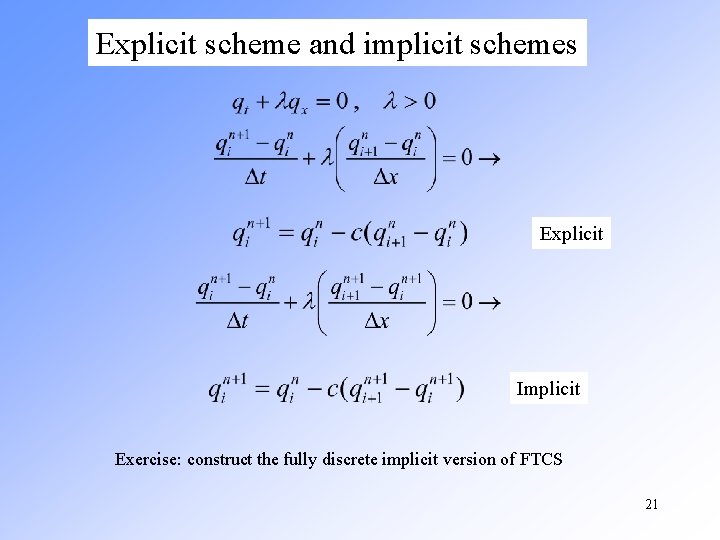 Explicit scheme and implicit schemes Explicit Implicit Exercise: construct the fully discrete implicit version Explicit scheme and implicit schemes Explicit Implicit Exercise: construct the fully discrete implicit version