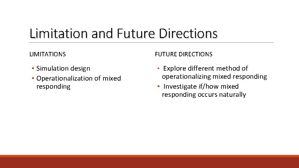 Limitation and Future Directions LIMITATIONS • Simulation design • Operationalization of mixed responding FUTURE