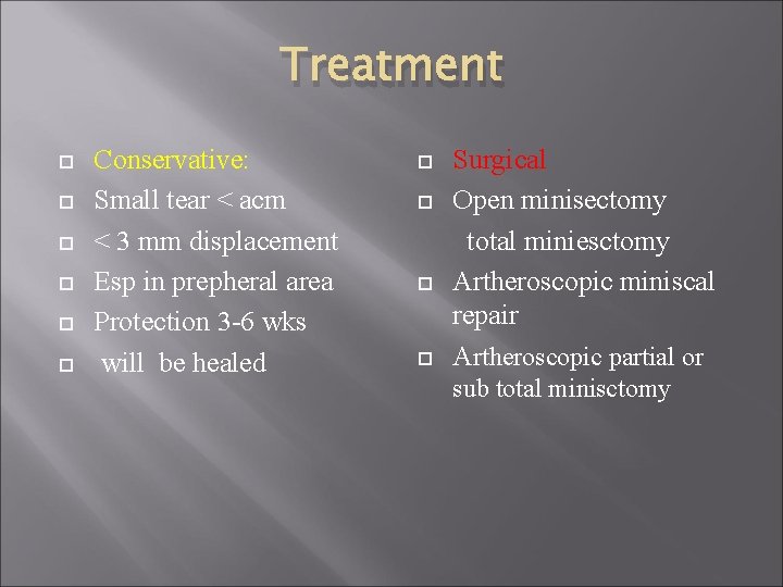 Treatment Conservative: Small tear < acm < 3 mm displacement Esp in prepheral area