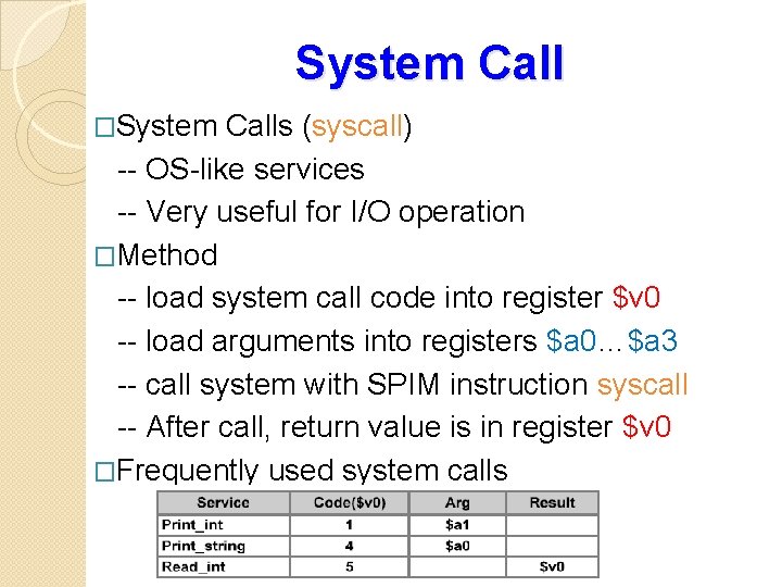 System Call �System Calls (syscall) -- OS-like services -- Very useful for I/O operation