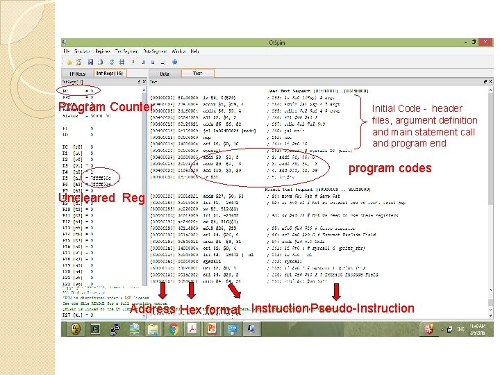 Program Counter Initial Code - header files, argument definition and main statement call and