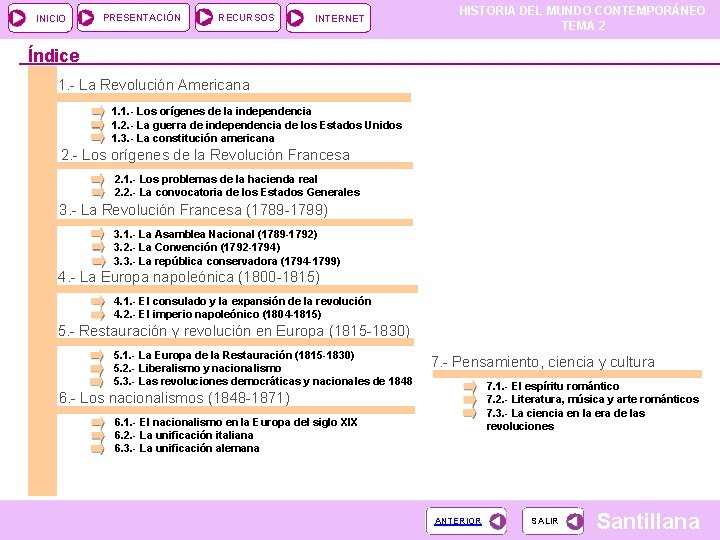 INICIO PRESENTACIÓN RECURSOS INTERNET HISTORIA DEL MUNDO CONTEMPORÁNEO TEMA 2 Índice 1. - La