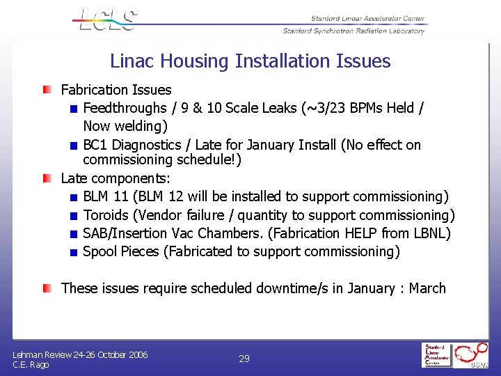 Linac Housing Installation Issues Fabrication Issues Feedthroughs / 9 & 10 Scale Leaks (~3/23
