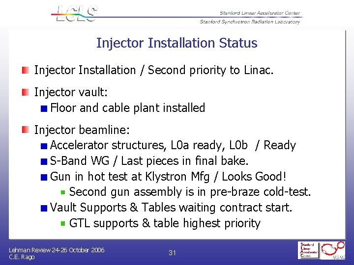 Injector Installation Status Injector Installation / Second priority to Linac. Injector vault: Floor and