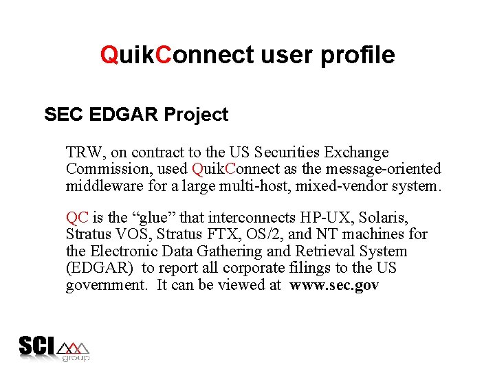 Quik. Connect user profile SEC EDGAR Project TRW, on contract to the US Securities