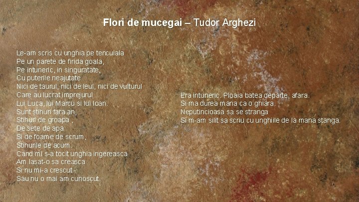 Flori de mucegai – Tudor Arghezi Le-am scris cu unghia pe tencuiala Pe un