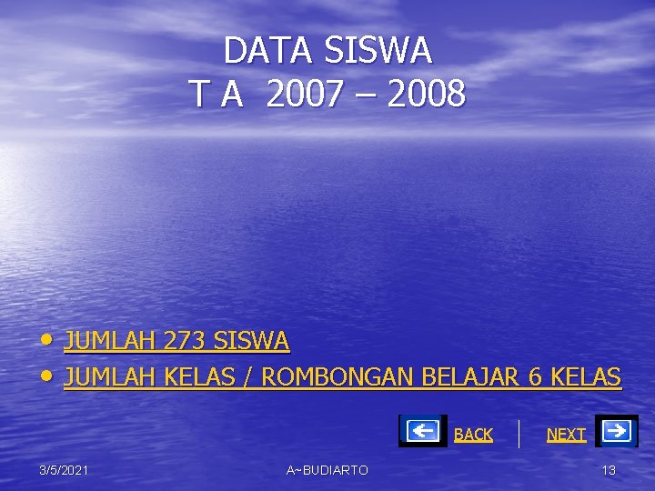 DATA SISWA T A 2007 – 2008 • JUMLAH 273 SISWA • JUMLAH KELAS