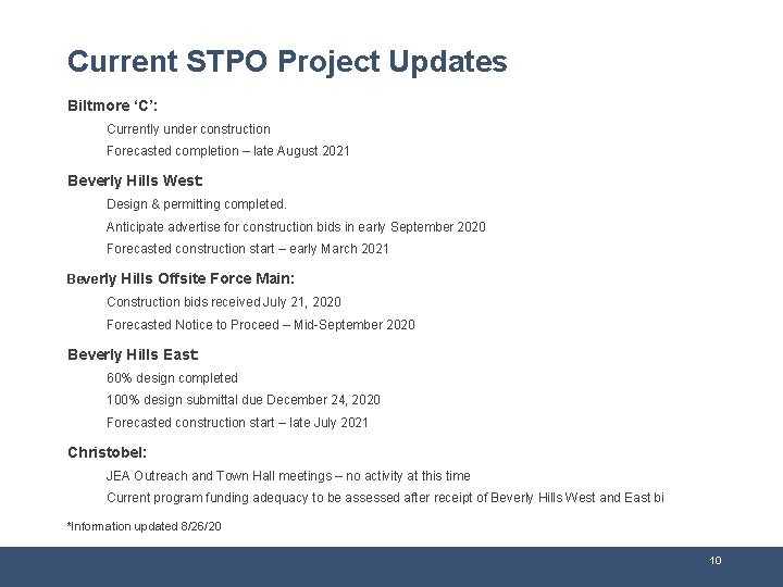 Current STPO Project Updates Biltmore ‘C’: Currently under construction Forecasted completion – late August