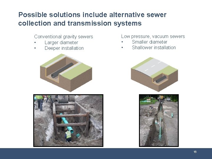 Possible solutions include alternative sewer collection and transmission systems Conventional gravity sewers • Larger