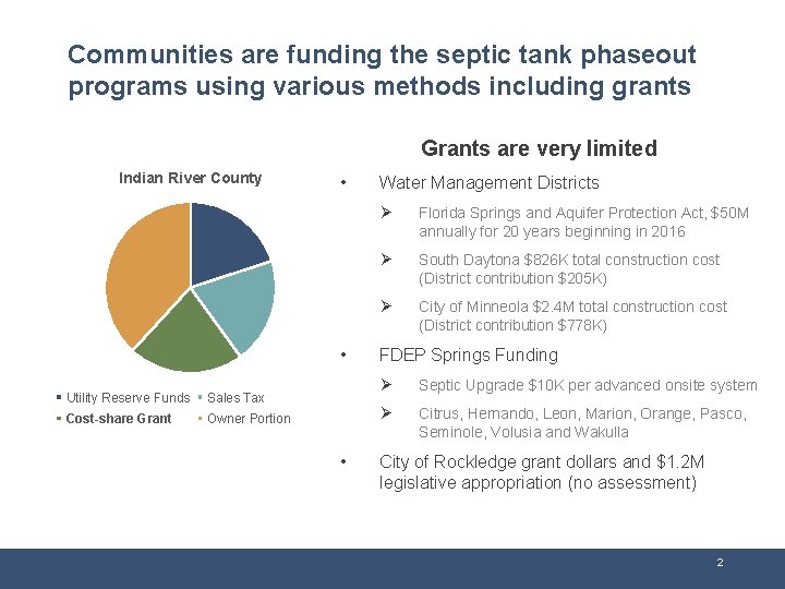 Communities are funding the septic tank phaseout programs using various methods including grants Grants