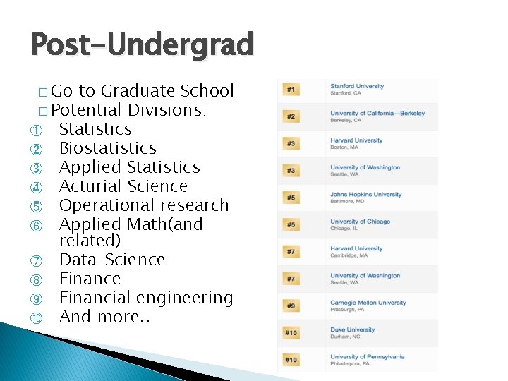 Post-Undergrad � Go to Graduate School � Potential Divisions: ① Statistics ② Biostatistics ③
