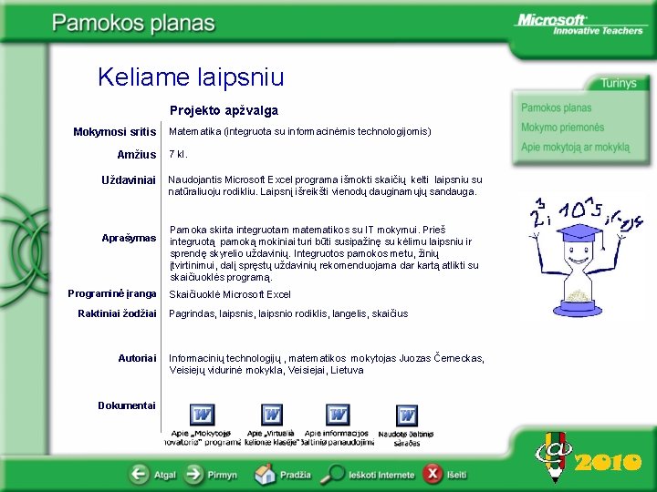 Keliame laipsniu Projekto apžvalga Mokymosi sritis Amžius Uždaviniai Aprašymas Programinė įranga Raktiniai žodžiai Autoriai