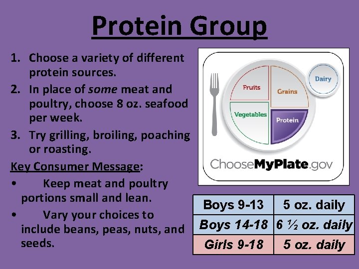 Protein Group 1. Choose a variety of different protein sources. 2. In place of