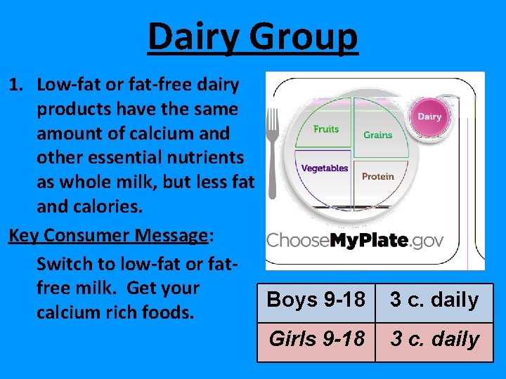 Dairy Group 1. Low-fat or fat-free dairy products have the same amount of calcium