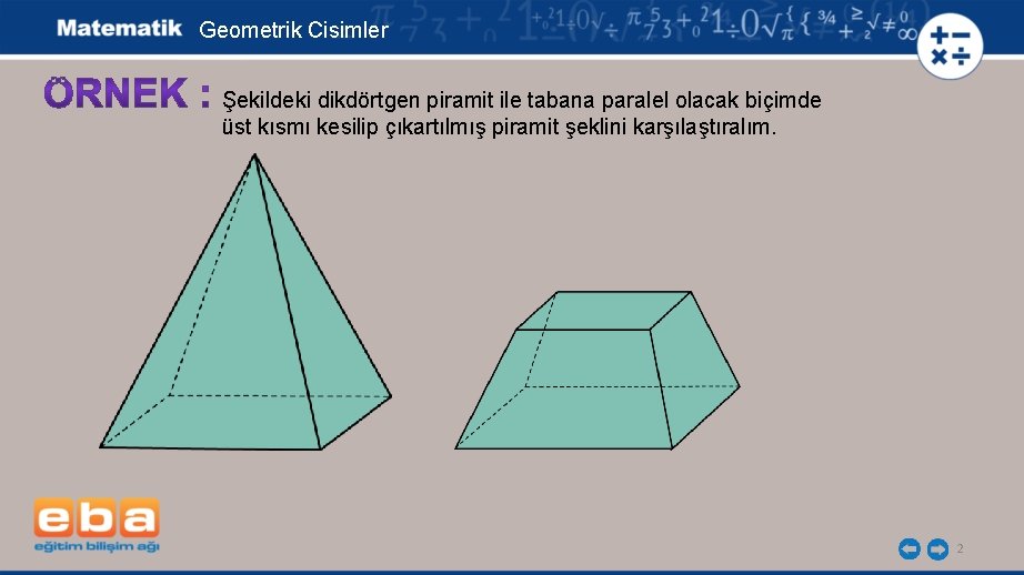 Geometrik Cisimler Şekildeki dikdörtgen piramit ile tabana paralel olacak biçimde üst kısmı kesilip çıkartılmış