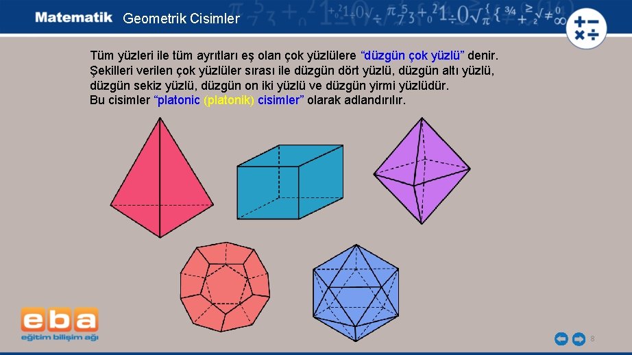 Geometrik Cisimler Tüm yüzleri ile tüm ayrıtları eş olan çok yüzlülere “düzgün çok yüzlü”