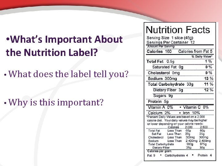  • What’s Important About the Nutrition Label? • What • Why does the