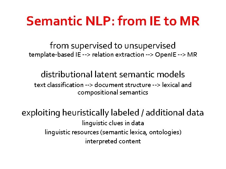 Semantic NLP: from IE to MR from supervised to unsupervised template-based IE --> relation Semantic NLP: from IE to MR from supervised to unsupervised template-based IE --> relation
