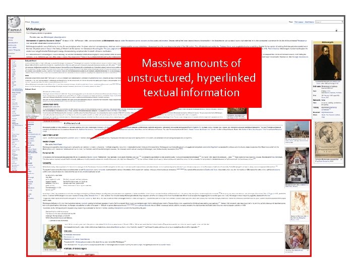 Massive amounts of unstructured, hyperlinked textual information Massive amounts of unstructured, hyperlinked textual information