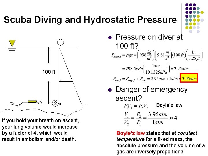 Scuba Diving and Hydrostatic Pressure 1 l Pressure on diver at 100 ft? l