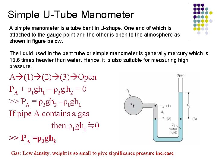 Simple U-Tube Manometer A simple manometer is a tube bent in U-shape. One end