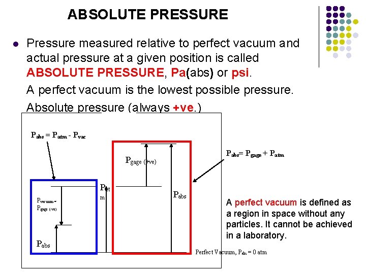 ABSOLUTE PRESSURE l Pressure measured relative to perfect vacuum and actual pressure at a