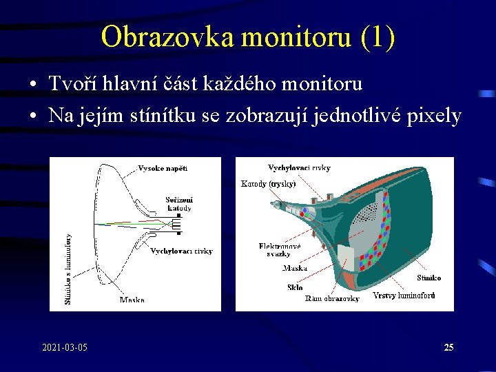 Obrazovka monitoru (1) • Tvoří hlavní část každého monitoru • Na jejím stínítku se