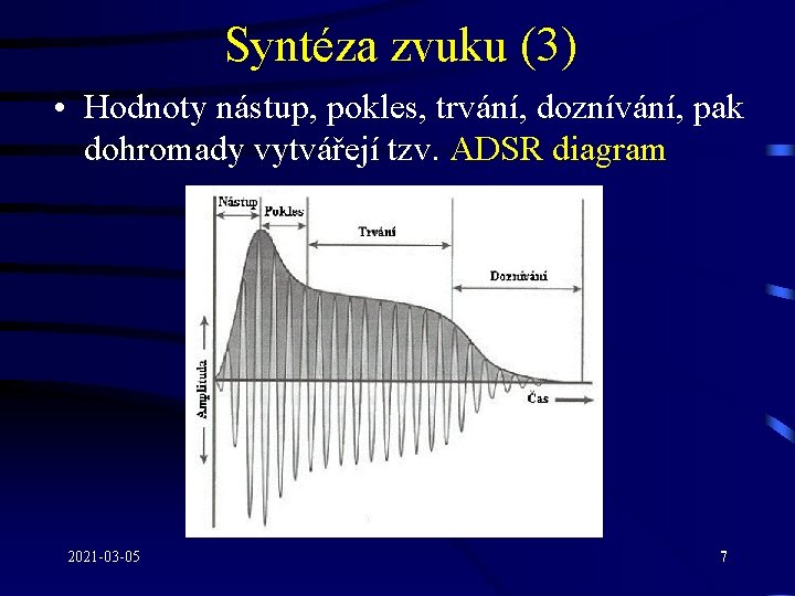 Syntéza zvuku (3) • Hodnoty nástup, pokles, trvání, doznívání, pak dohromady vytvářejí tzv. ADSR