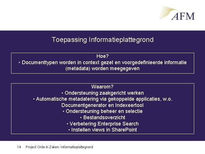 Toepassing Informatieplattegrond Hoe? • Documenttypen worden in context gezet en voorgedefinieerde informatie (metadata) worden