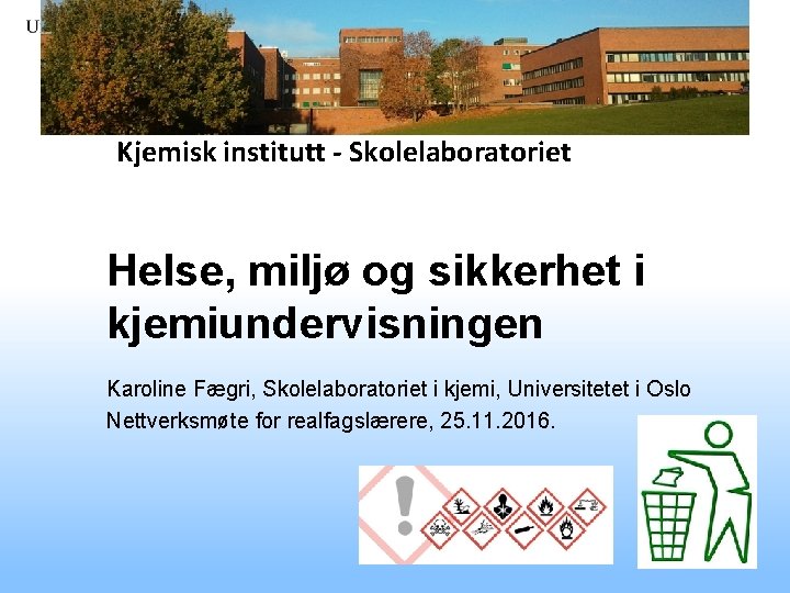 Kjemisk institutt - Skolelaboratoriet Helse, miljø og sikkerhet i kjemiundervisningen Karoline Fægri, Skolelaboratoriet i
