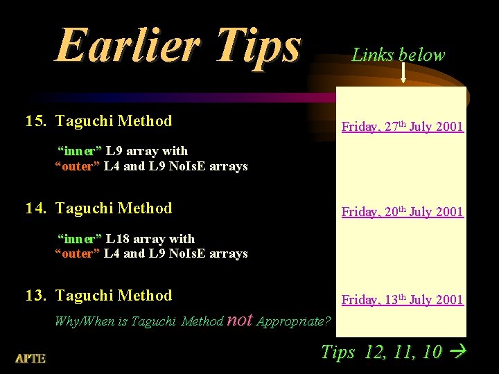 Earlier Tips Links below 15. Taguchi Method Friday, 27 th July 2001 “inner” L