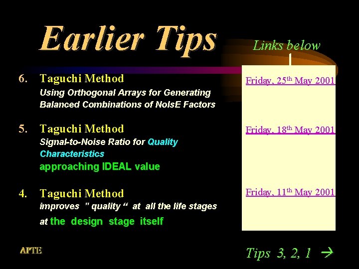 Earlier Tips 6. Taguchi Method Links below Friday, 25 th May 2001 Using Orthogonal