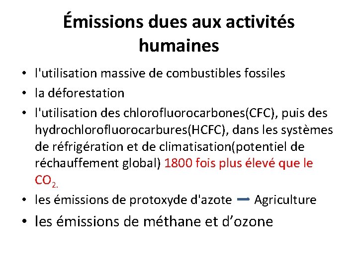 Émissions dues aux activités humaines • l'utilisation massive de combustibles fossiles • la déforestation