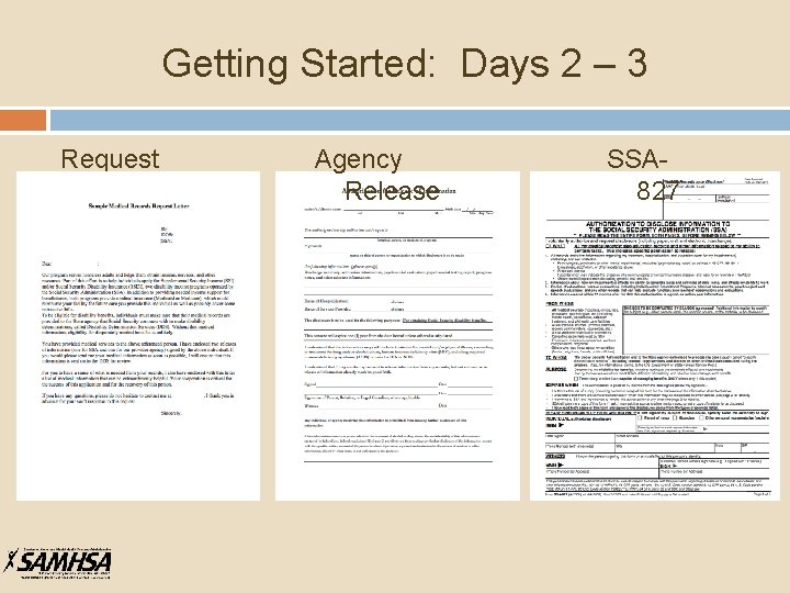 Getting Started: Days 2 – 3 Request Letter Agency Release SSA 827 