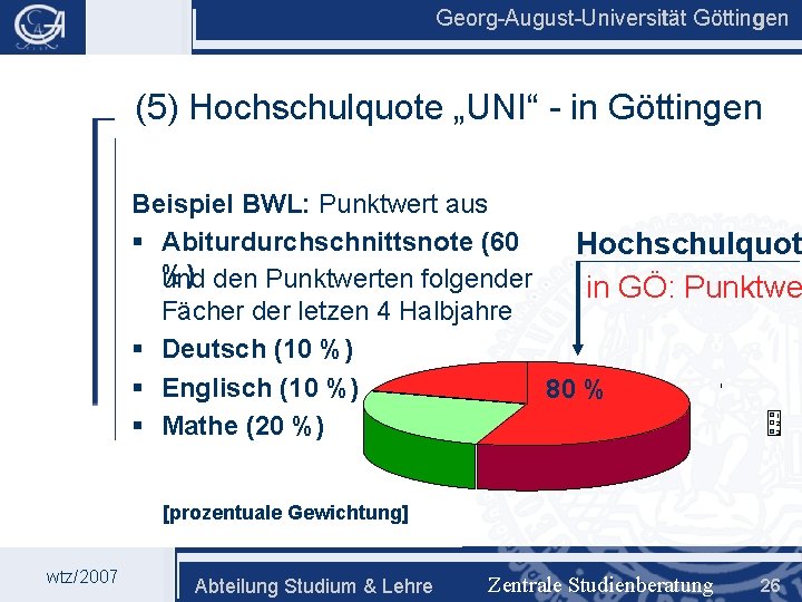 Georg-August-Universität Göttingen (5) Hochschulquote „UNI“ - in Göttingen Beispiel BWL: Punktwert aus § Abiturdurchschnittsnote