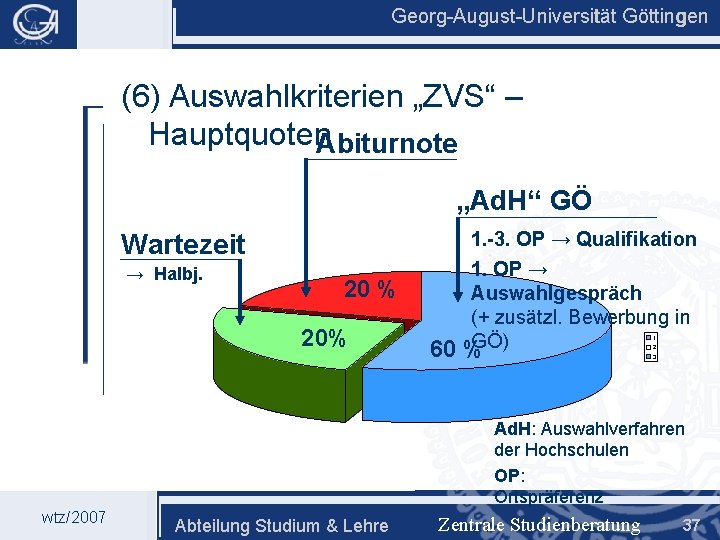 Georg-August-Universität Göttingen (6) Auswahlkriterien „ZVS“ – Hauptquoten. Abiturnote „Ad. H“ GÖ 1. -3. OP